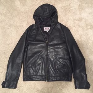 Genuine Leather Motorcycle Riding Jacket with Hood